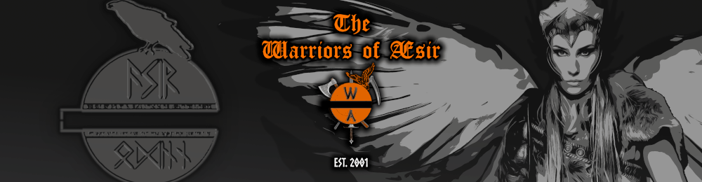 Banner for the Warriors of Æsir featuring the clan's seal, coat of arms, and a valkyrie.